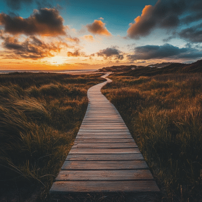 A peaceful path leading into a glowing sunset, symbolizing the journey of life and the promise of hope and purpose.
